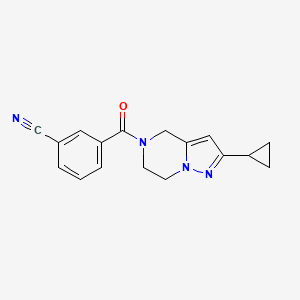 molecular formula C17H16N4O B2441302 3-(2-Cyclopropyl-4,5,6,7-tetrahydropyrazolo[1,5-a]pyrazine-5-carbonyl)benzonitrile CAS No. 2034555-80-9