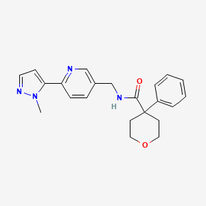 molecular formula C22H24N4O2 B2441313 N-((6-(1-methyl-1H-pyrazol-5-yl)pyridin-3-yl)methyl)-4-phenyltetrahydro-2H-pyran-4-carboxamide CAS No. 2034568-78-8