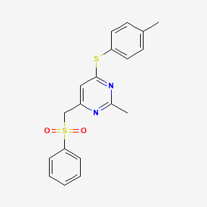 molecular formula C19H18N2O2S2 B2441318 (2-Methyl-6-((4-methylphenyl)sulfanyl)-4-pyrimidinyl)methyl phenyl sulfone CAS No. 338960-47-7