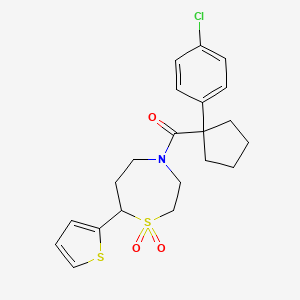 molecular formula C21H24ClNO3S2 B2441586 (1-(4-Chlorophenyl)cyclopentyl)(1,1-dioxido-7-(thiophen-2-yl)-1,4-thiazepan-4-yl)methanone CAS No. 2034334-49-9