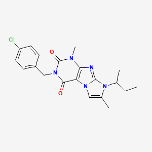 molecular formula C20H22ClN5O2 B2441778 3-[(4-Chlorophenyl)methyl]-1,7-dimethyl-8-(methylpropyl)-1,3,5-trihydro-4-imid azolino[1,2-h]purine-2,4-dione CAS No. 919009-41-9