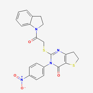 molecular formula C22H18N4O4S2 B2441797 2-((2-(indolin-1-yl)-2-oxoethyl)thio)-3-(4-nitrophenyl)-6,7-dihydrothieno[3,2-d]pyrimidin-4(3H)-one CAS No. 687567-84-6