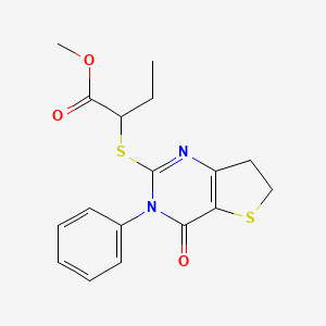 molecular formula C17H18N2O3S2 B2441812 Methyl 2-[(4-oxo-3-phenyl-6,7-dihydrothieno[3,2-d]pyrimidin-2-yl)sulfanyl]butanoate CAS No. 686771-01-7