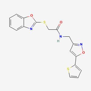 molecular formula C17H13N3O3S2 B2441831 2-(benzo[d]oxazol-2-ylthio)-N-((5-(thiophen-2-yl)isoxazol-3-yl)methyl)acetamide CAS No. 1207009-75-3