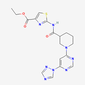 molecular formula C18H20N8O3S B2441887 2-(1-(6-(1H-1,2,4-三唑-1-基)嘧啶-4-基)哌啶-3-甲酰胺)噻唑-4-甲酸乙酯 CAS No. 1797889-26-9