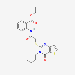 molecular formula C22H25N3O4S2 B2441895 Ethyl 2-[({[3-(3-methylbutyl)-4-oxo-3,4-dihydrothieno[3,2-d]pyrimidin-2-yl]sulfanyl}acetyl)amino]benzoate CAS No. 1252900-21-2