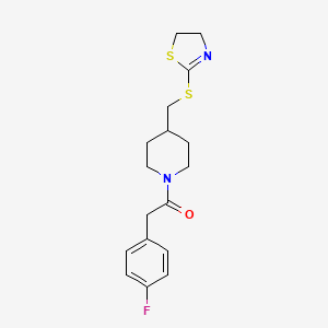molecular formula C17H21FN2OS2 B2442008 1-(4-(((4,5-Dihydrothiazol-2-yl)thio)methyl)piperidin-1-yl)-2-(4-fluorophenyl)ethanone CAS No. 1421461-85-9