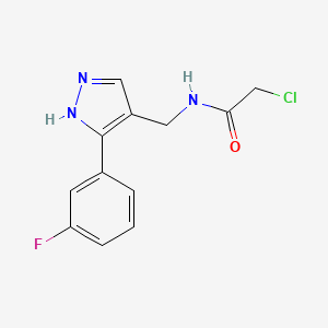 molecular formula C12H11ClFN3O B2442080 2-Chloro-N-[[5-(3-fluorophenyl)-1H-pyrazol-4-yl]methyl]acetamide CAS No. 2411242-71-0