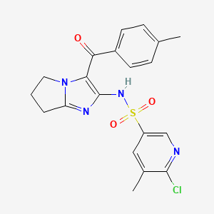 molecular formula C20H19ClN4O3S B2442212 6-chloro-5-methyl-N-[3-(4-methylbenzoyl)-5H,6H,7H-pyrrolo[1,2-a]imidazol-2-yl]pyridine-3-sulfonamide CAS No. 1788663-00-2