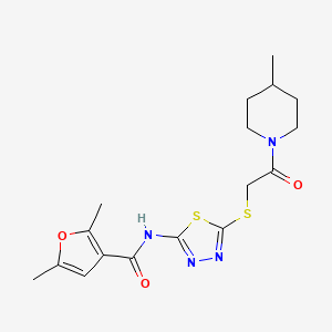 molecular formula C17H22N4O3S2 B2442217 2,5-二甲基-N-(5-((2-(4-甲基哌啶-1-基)-2-氧代乙基)硫代)-1,3,4-噻二唑-2-基)呋喃-3-甲酰胺 CAS No. 1351596-57-0