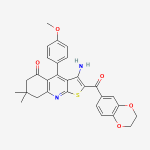 molecular formula C29H26N2O5S B2442262 3-Amino-2-(2,3-dihydro-1,4-benzodioxine-6-carbonyl)-4-(4-methoxyphenyl)-7,7-dimethyl-6,8-dihydrothieno[2,3-b]quinolin-5-one CAS No. 690643-15-3