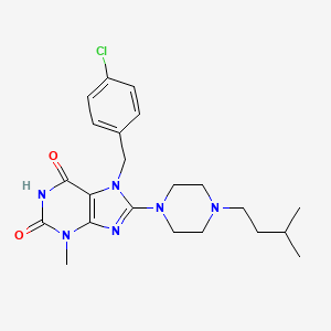 molecular formula C22H29ClN6O2 B2442264 7-[(4-Chlorophenyl)methyl]-3-methyl-8-[4-(3-methylbutyl)piperazin-1-yl]purine-2,6-dione CAS No. 895832-75-4
