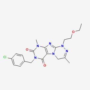 molecular formula C20H23ClN6O3 B2442272 7-(4-chlorobenzyl)-1-(2-ethoxyethyl)-3,9-dimethyl-1,4-dihydro-[1,2,4]triazino[3,4-f]purine-6,8(7H,9H)-dione CAS No. 919008-18-7