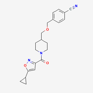 molecular formula C21H23N3O3 B2442296 4-(((1-(5-Cyclopropylisoxazole-3-carbonyl)piperidin-4-yl)methoxy)methyl)benzonitrile CAS No. 1396807-47-8