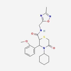 molecular formula C22H28N4O4S B2442314 4-Cyclohexyl-3-(2-methoxyphenyl)-N-[(3-methyl-1,2,4-oxadiazol-5-yl)methyl]-5-oxothiomorpholine-2-carboxamide CAS No. 2319876-14-5