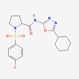molecular formula C19H23FN4O4S B2442361 N-(5-cyclohexyl-1,3,4-oxadiazol-2-yl)-1-((4-fluorophenyl)sulfonyl)pyrrolidine-2-carboxamide CAS No. 1048643-25-9