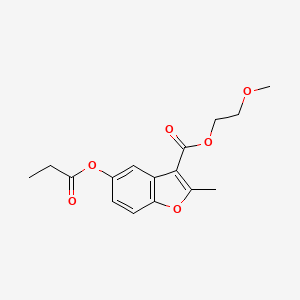 molecular formula C16H18O6 B2442376 2-Methoxyethyl 2-methyl-5-(propanoyloxy)-1-benzofuran-3-carboxylate CAS No. 300556-90-5