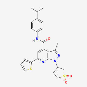 molecular formula C25H26N4O3S2 B2442396 1-(1,1-dioxidotetrahydrothiophen-3-yl)-N-(4-isopropylphenyl)-3-methyl-6-(thiophen-2-yl)-1H-pyrazolo[3,4-b]pyridine-4-carboxamide CAS No. 1021215-48-4
