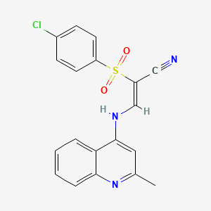 molecular formula C19H14ClN3O2S B2442447 2-((4-氯苯基)磺酰基)-3-((2-甲基(4-喹啉基))氨基)丙-2-烯腈 CAS No. 1025130-03-3