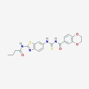 molecular formula C21H20N4O4S2 B244245 N-[6-({[(2,3-dihydro-1,4-benzodioxin-6-ylcarbonyl)amino]carbothioyl}amino)-1,3-benzothiazol-2-yl]butanamide 
