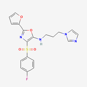 molecular formula C19H17FN4O4S B2442538 4-(4-氟苯基)磺酰基-2-(呋喃-2-基)-N-(3-咪唑-1-基丙基)-1,3-恶唑-5-胺 CAS No. 855714-91-9