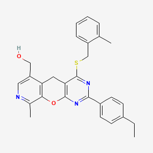 molecular formula C28H27N3O2S B2442541 {2-(4-ethylphenyl)-9-methyl-4-[(2-methylbenzyl)thio]-5H-pyrido[4',3':5,6]pyrano[2,3-d]pyrimidin-6-yl}methanol CAS No. 892415-85-9