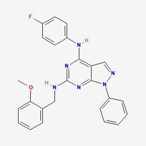 molecular formula C25H21FN6O B2442546 {4-[(4-Fluorophenyl)amino]-1-phenylpyrazolo[5,4-d]pyrimidin-6-yl}[(2-methoxyph enyl)methyl]amine CAS No. 955338-93-9