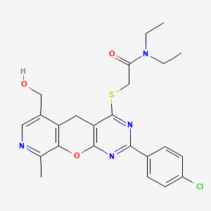 molecular formula C24H25ClN4O3S B2442555 2-((2-(4-chlorophenyl)-6-(hydroxymethyl)-9-methyl-5H-pyrido[4',3':5,6]pyrano[2,3-d]pyrimidin-4-yl)thio)-N,N-diethylacetamide CAS No. 892384-25-7