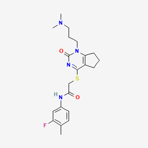 molecular formula C21H27FN4O2S B2442579 2-[[1-[3-(dimethylamino)propyl]-2-oxo-6,7-dihydro-5H-cyclopenta[d]pyrimidin-4-yl]sulfanyl]-N-(3-fluoro-4-methylphenyl)acetamide CAS No. 946324-89-6