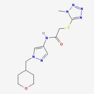 molecular formula C13H19N7O2S B2442619 2-((1-methyl-1H-tetrazol-5-yl)thio)-N-(1-((tetrahydro-2H-pyran-4-yl)methyl)-1H-pyrazol-4-yl)acetamide CAS No. 1705344-03-1