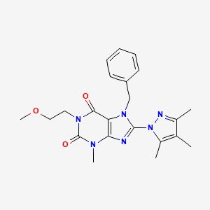 molecular formula C22H26N6O3 B2442632 7-benzyl-1-(2-methoxyethyl)-3-methyl-8-(3,4,5-trimethyl-1H-pyrazol-1-yl)-2,3,6,7-tetrahydro-1H-purine-2,6-dione CAS No. 1014010-63-9