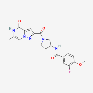 molecular formula C20H20FN5O4 B2442685 3-fluoro-4-methoxy-N-(1-(6-methyl-4-oxo-4,5-dihydropyrazolo[1,5-a]pyrazine-2-carbonyl)pyrrolidin-3-yl)benzamide CAS No. 2034597-46-9