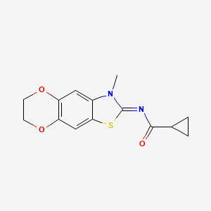 molecular formula C14H14N2O3S B2442713 N-(3-methyl-6,7-dihydro-[1,4]dioxino[2,3-f][1,3]benzothiazol-2-ylidene)cyclopropanecarboxamide CAS No. 1321694-24-9