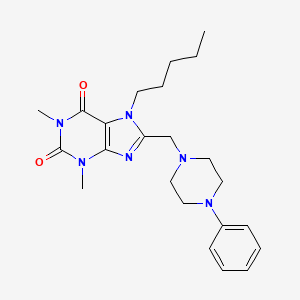 molecular formula C23H32N6O2 B2442830 1,3-dimethyl-7-pentyl-8-((4-phenylpiperazin-1-yl)methyl)-1H-purine-2,6(3H,7H)-dione CAS No. 851941-01-0