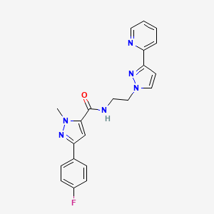 molecular formula C21H19FN6O B2442832 3-(4-fluorophenyl)-1-methyl-N-(2-(3-(pyridin-2-yl)-1H-pyrazol-1-yl)ethyl)-1H-pyrazole-5-carboxamide CAS No. 1448123-28-1