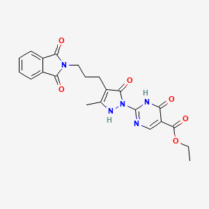 molecular formula C22H21N5O6 B2442891 ethyl 2-{4-[3-(1,3-dioxo-1,3-dihydro-2H-isoindol-2-yl)propyl]-3-methyl-5-oxo-2,5-dihydro-1H-pyrazol-1-yl}-6-oxo-1,6-dihydro-5-pyrimidinecarboxylate CAS No. 866145-68-8