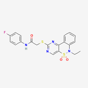 molecular formula C20H17FN4O3S2 B2442967 2-((6-ethyl-5,5-dioxido-6H-benzo[c]pyrimido[4,5-e][1,2]thiazin-2-yl)thio)-N-(4-fluorophenyl)acetamide CAS No. 1111408-76-4