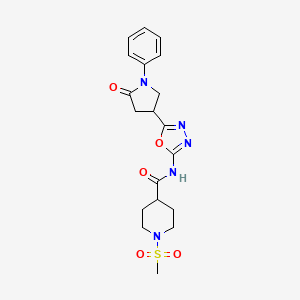 molecular formula C19H23N5O5S B2443027 1-(甲基磺酰基)-N-(5-(5-氧代-1-苯基吡咯烷-3-基)-1,3,4-恶二唑-2-基)哌啶-4-甲酰胺 CAS No. 1286725-84-5