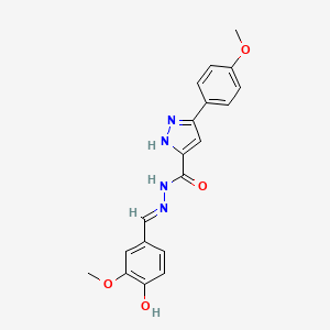 molecular formula C19H18N4O4 B2443033 (E)-N'-(4-hydroxy-3-methoxybenzylidene)-3-(4-methoxyphenyl)-1H-pyrazole-5-carbohydrazide CAS No. 305355-67-3