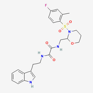 molecular formula C24H27FN4O5S B2443042 N1-(2-(1H-吲哚-3-基)乙基)-N2-((3-((4-氟-2-甲基苯基)磺酰基)-1,3-恶唑烷-2-基)甲基)草酰胺 CAS No. 872987-30-9