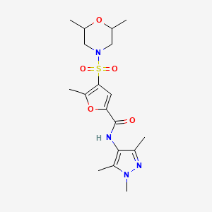 molecular formula C18H26N4O5S B2443078 4-((2,6-dimethylmorpholino)sulfonyl)-5-methyl-N-(1,3,5-trimethyl-1H-pyrazol-4-yl)furan-2-carboxamide CAS No. 1207011-08-2