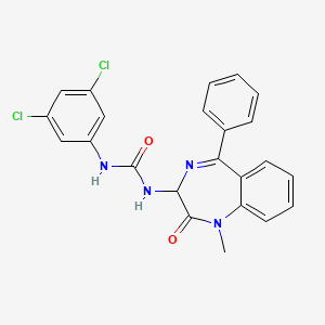 molecular formula C23H18Cl2N4O2 B2443294 N-(2,5-diaza-2-methyl-3-oxo-6-phenylbicyclo[5.4.0]undeca-1(7),5,8,10-tetraen-4-yl)((3,5-dichlorophenyl)amino)formamide CAS No. 1796888-30-6