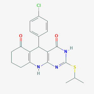molecular formula C20H20ClN3O2S B2443295 5-(4-chlorophenyl)-2-(isopropylthio)-7,8,9,10-tetrahydropyrimido[4,5-b]quinoline-4,6(3H,5H)-dione CAS No. 627046-27-9