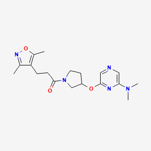 molecular formula C18H25N5O3 B2443330 1-(3-((6-(二甲氨基)吡嗪-2-基)氧代)吡咯烷-1-基)-3-(3,5-二甲基异恶唑-4-基)丙烷-1-酮 CAS No. 2034334-32-0