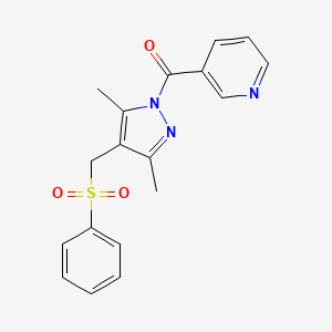 molecular formula C18H17N3O3S B2443379 （3,5-二甲基-4-[(苯磺酰基)甲基]-1H-吡唑-1-基）（3-吡啶基）甲酮 CAS No. 321848-15-1