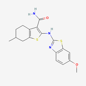 molecular formula C18H19N3O2S2 B2443394 2-((6-Methoxybenzo[d]thiazol-2-yl)amino)-6-methyl-4,5,6,7-tetrahydrobenzo[b]thiophene-3-carboxamide CAS No. 862975-61-9