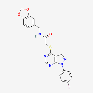 molecular formula C21H16FN5O3S B2443582 N-(苯并[d][1,3]二氧杂环-5-基甲基)-2-((1-(4-氟苯基)-1H-吡唑并[3,4-d]嘧啶-4-基)硫代)乙酰胺 CAS No. 872856-77-4