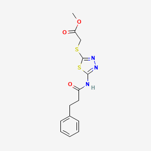 molecular formula C14H15N3O3S2 B2443602 Methyl 2-((5-(3-phenylpropanamido)-1,3,4-thiadiazol-2-yl)thio)acetate CAS No. 476465-59-5