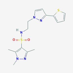 molecular formula C15H19N5O2S2 B2443635 1,3,5-trimethyl-N-(2-(3-(thiophen-2-yl)-1H-pyrazol-1-yl)ethyl)-1H-pyrazole-4-sulfonamide CAS No. 1797976-92-1