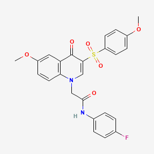 molecular formula C25H21FN2O6S B2443665 N-(4-fluorophenyl)-2-[6-methoxy-3-(4-methoxybenzenesulfonyl)-4-oxo-1,4-dihydroquinolin-1-yl]acetamide CAS No. 866813-52-7